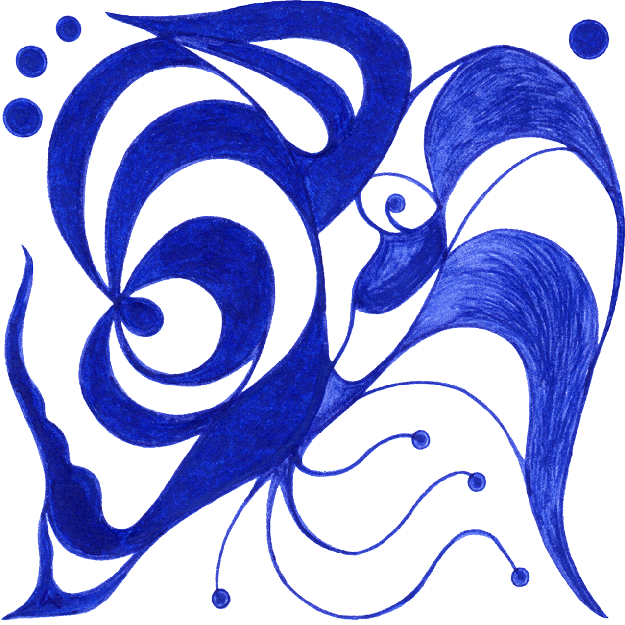 Zartes Tintenbild "Abendchen": der geborgene Tanz im Schutze der Nacht und eines Engels.