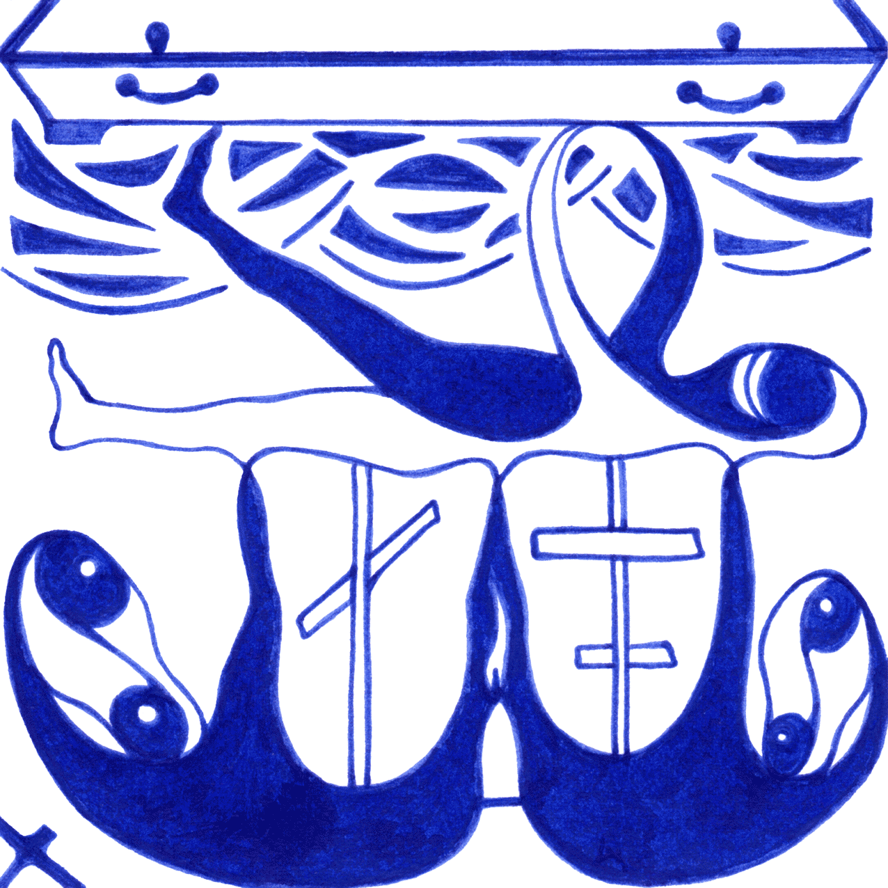 Unterirdische Wesen halten eine verstorbene Person – symbolisches Tintenbild für Alleinsein, Mystik und verborgenes Wissen