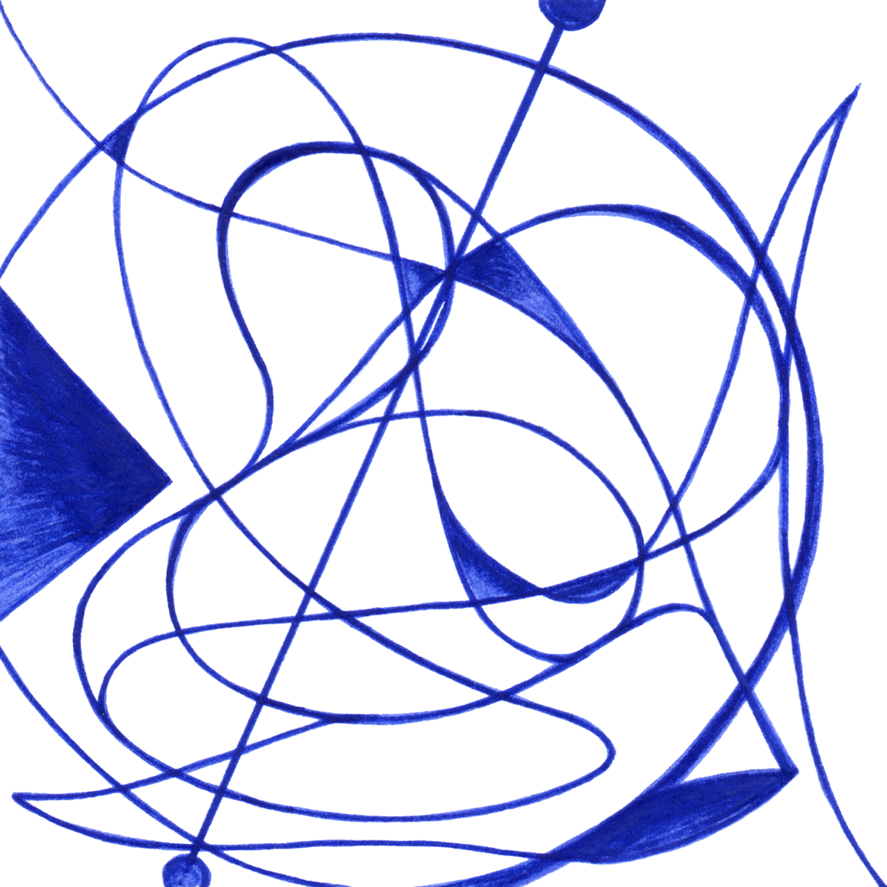 Vier Figuren im Tintenbild „Beliebiges zu viert“, verborgene Abhängigkeit hinter äußerlicher Freiheit