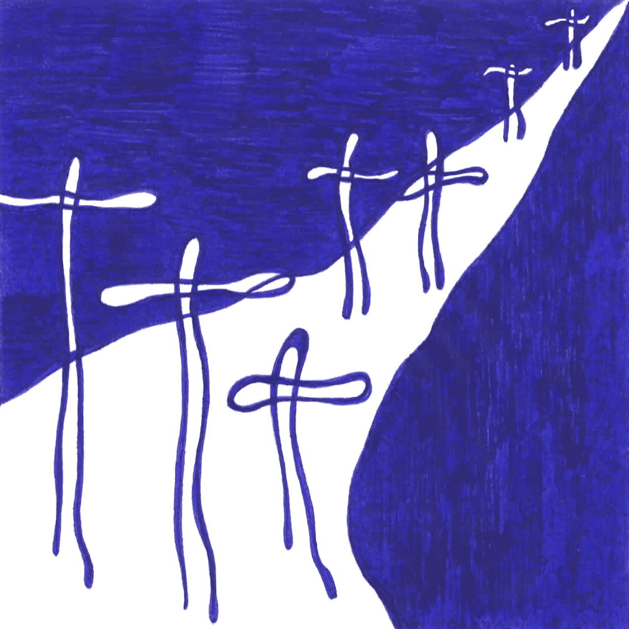 Mystische Tinte „Die Blumen“, Kreuze strahlen auf hellem Pfad, umgeben von Nachtblau