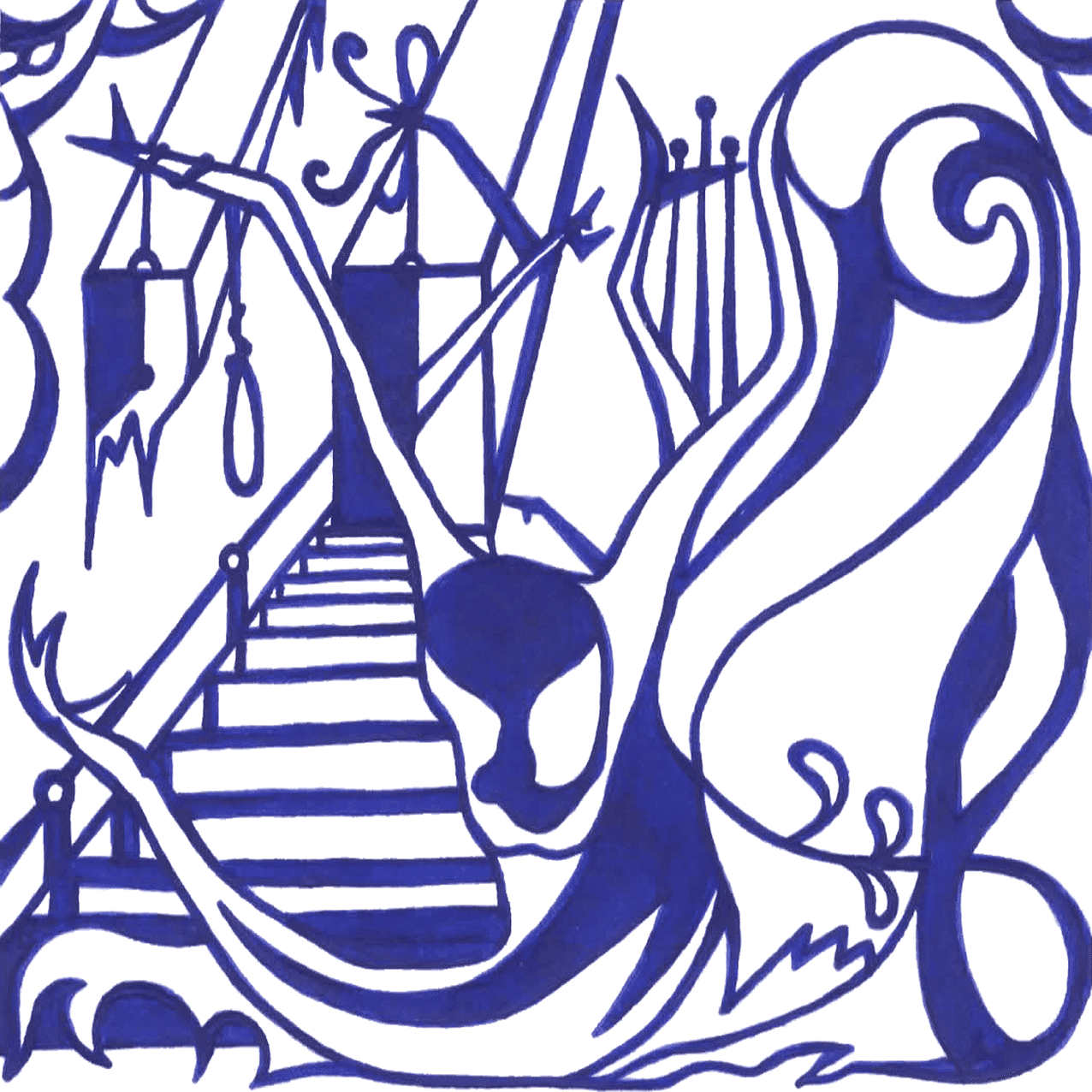 „Einladung“ als Tintenmotiv, verschlungene Linien symbolisieren Zwang und Ungewissheit