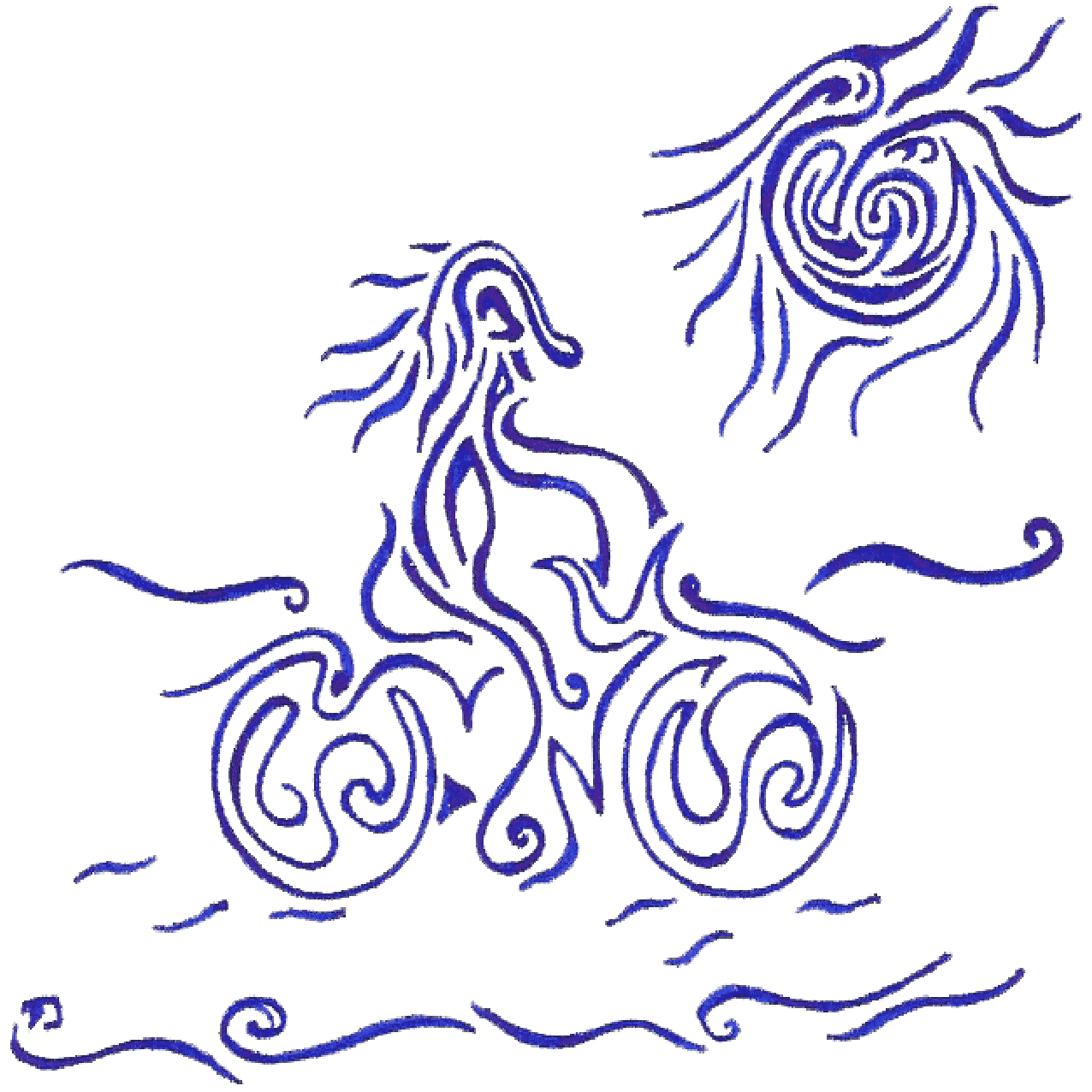 Abstraktes Tintenbild eines Fahrrads mit fließenden Linien, das Freiheit, Luft und Bewegung symbolisiert