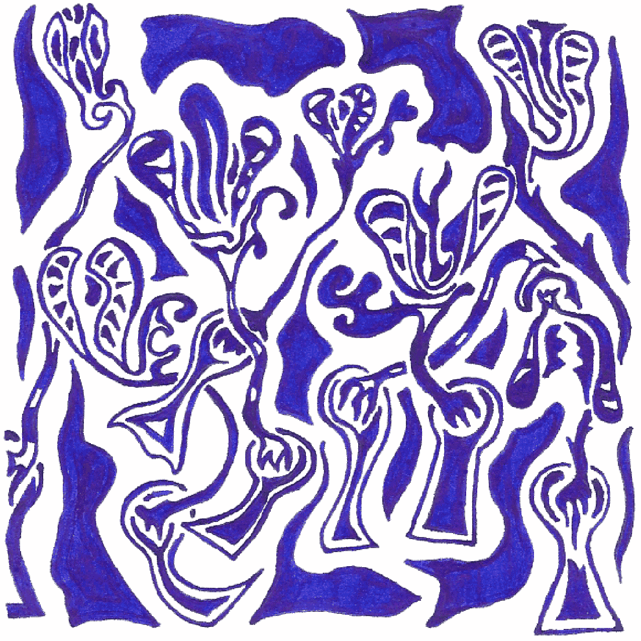 Abstraktes Tintenbild „Fantasiewelt“ mit fließenden Formen voller Kreativität und Magie