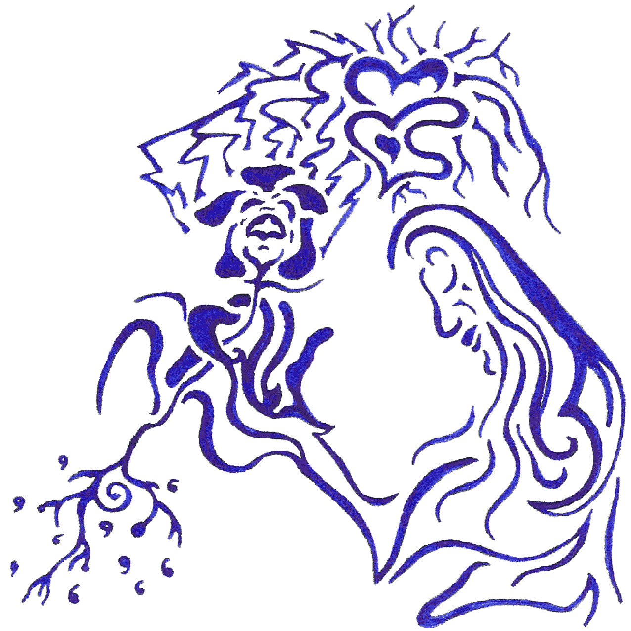 Wirbelnde Tintenlinien formen einen menschlichen Kopf, gefüllt mit komplexen, puzzleartigen Mustern.