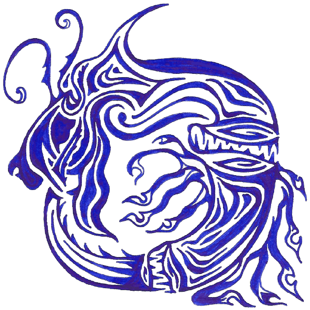 Symbolische Tintenzeichnung „Gewissen“ mit feinen Linien als Ausdruck von Zweifel und Reflexion