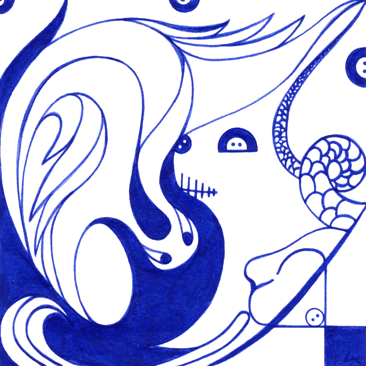 Nachdenkliches Tintenbild „Gott in der Tasche“ – scheinbare Kontrolle, doch nur ein Hase