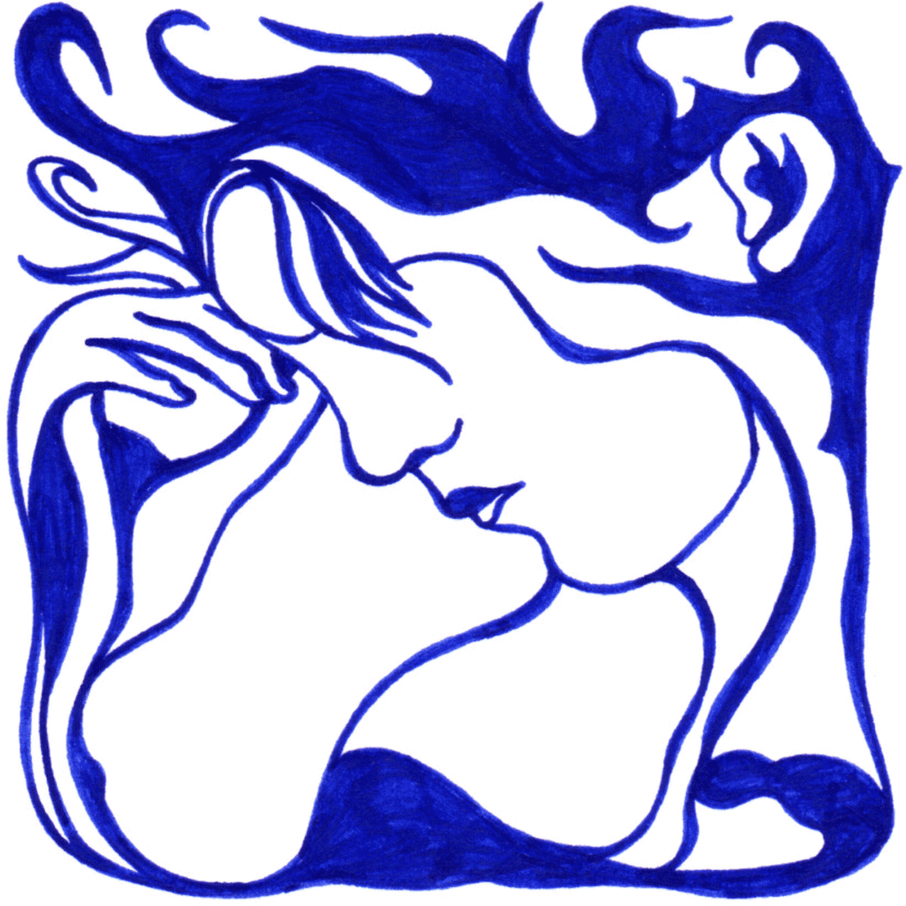 Zarte Tintenlinien formen „Kuss der Muse“, Ausdruck von Inspiration, Nähe und künstlerischer Bindung