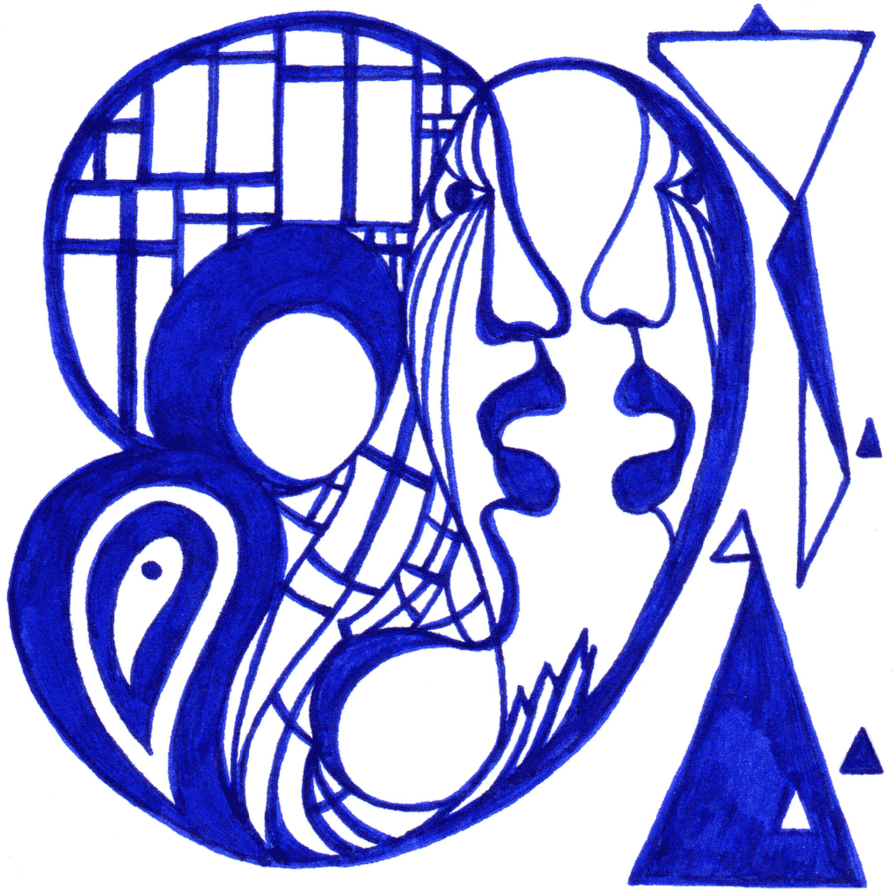 Tintenzeichnung „Narzissmus“ mit spiegelnden Formen, Symbol für Selbstbetrachtung und Innenwelt