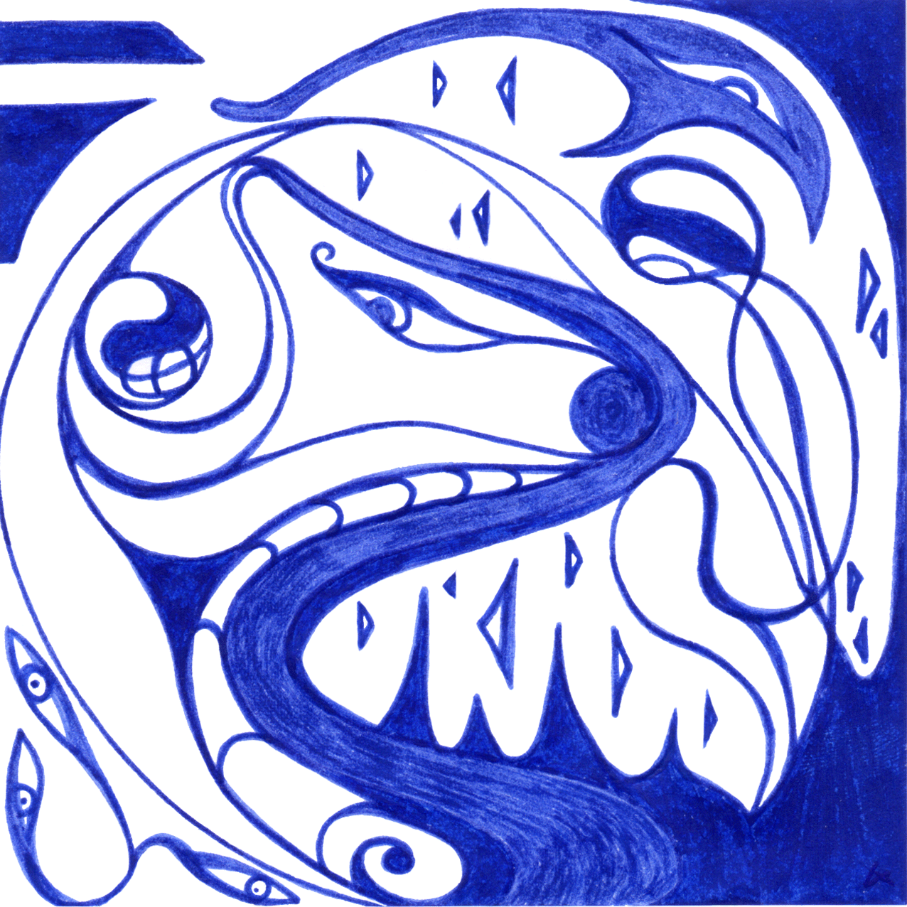 Dichtes Tintenbild „Schwerer Groll“, Spannung ohne Entladung, gefangen im Kreis, ohne eigenen Ausweg