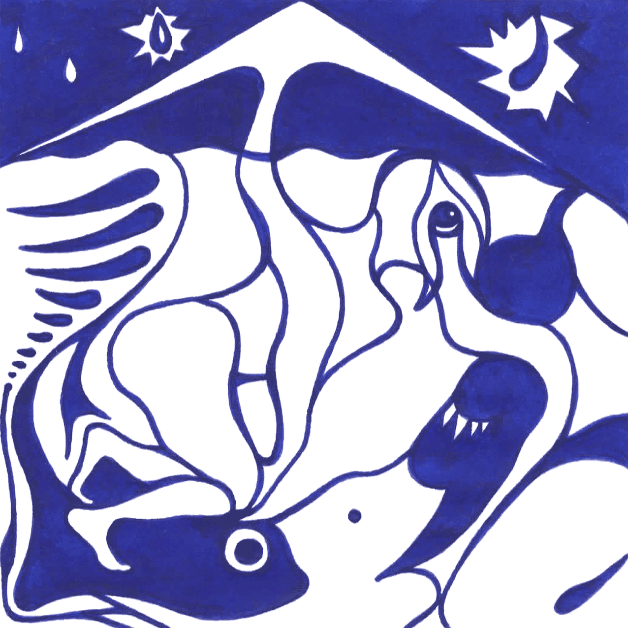 Tintenbild „Seejungfrauen“, die Linien zeigen mystische Wasserwesen voller Sehnsucht und Verlagen