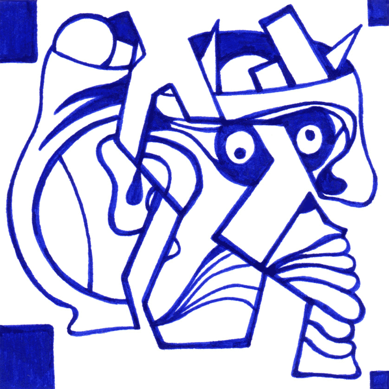 Verflochtenes Tintenbild „Status“ mit Linien und Ecken, Symbol für verborgene Ordnung