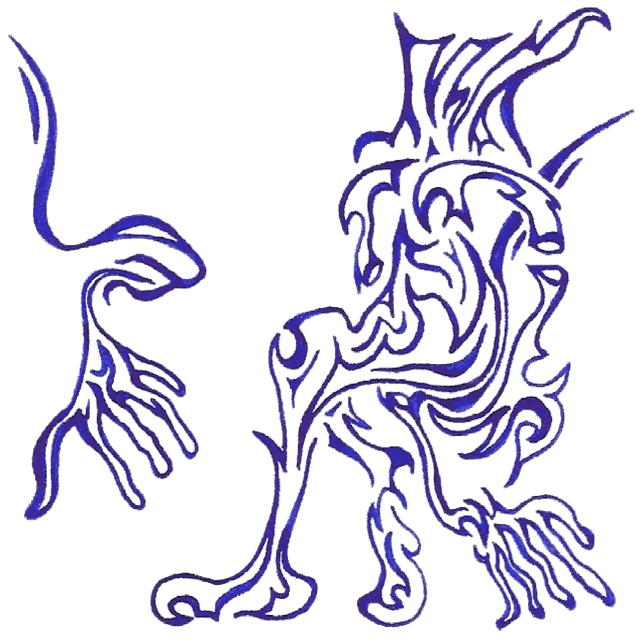 Abstrakte Tintenzeichnung eines Stuhls; fließende schwarze Linien auf hellem Hintergrund.