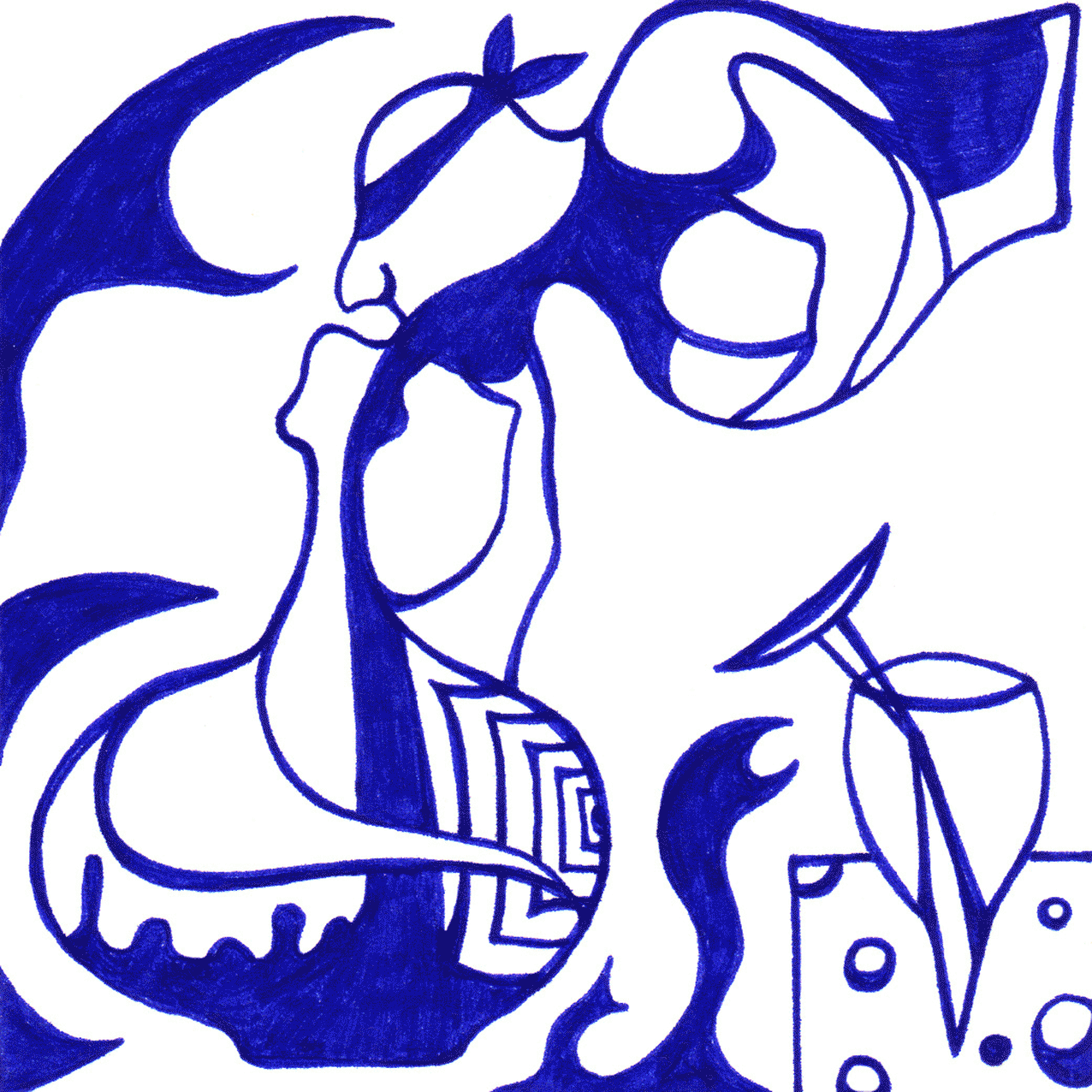 Tintenbild „Trinkende“ mit fließenden Formen, Symbol für Verbindung und Austausch