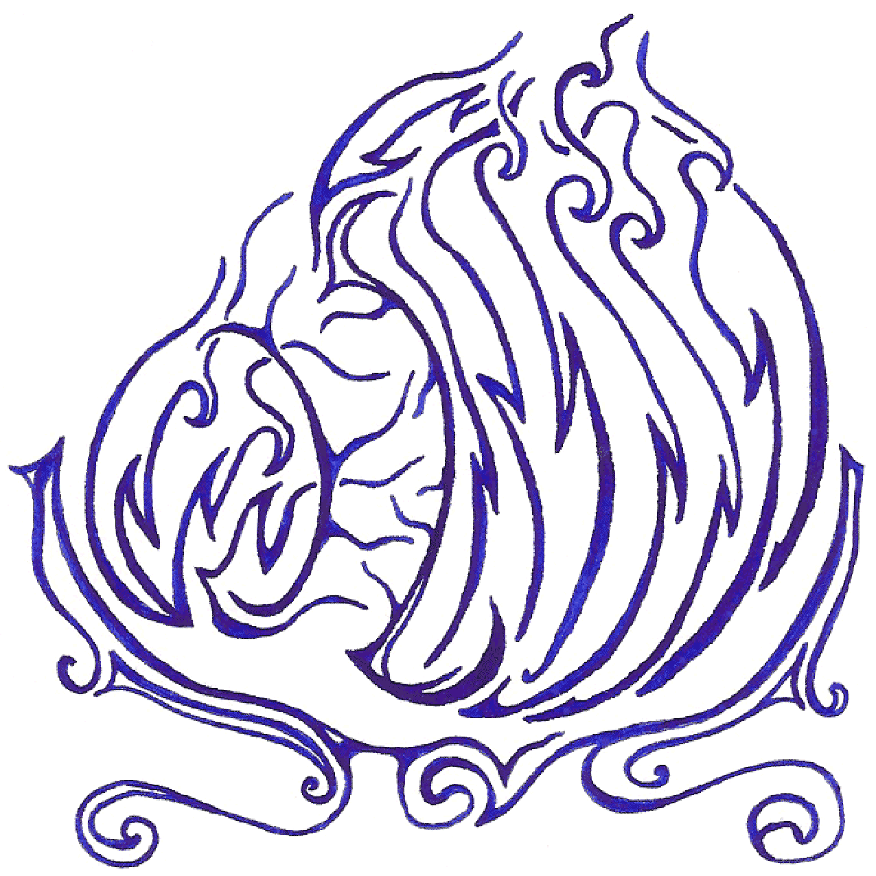 Abstrakte Tintenzeichnung; dunkle Kerne und weiche Fruchtformen im Kontrast.