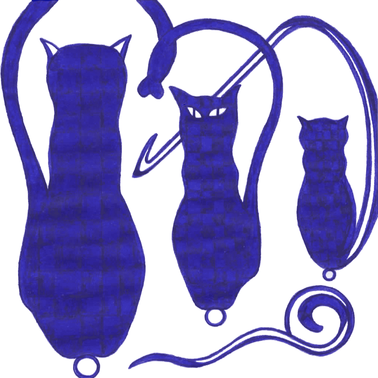 „Überzeugung“ als Tintenzeichnung: Katzen auf Bällen, Symbol für Fokus und Verbundenheit