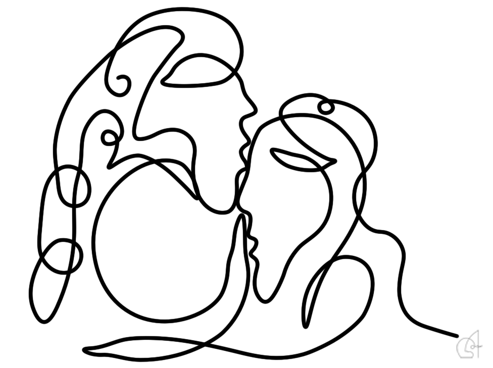 Die Liebe ARCATRA Einlinienzeichnung, zwei Figuren in enger Umarmung mit emotionaler Tiefe